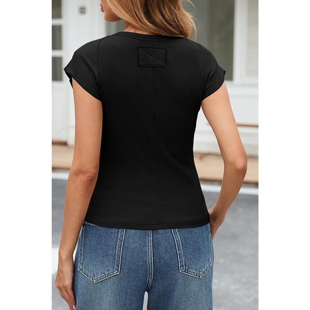 Tankaneo Women Cap Sleeve Crew Neck Ribbed Knit Top Black Medium New - Picture 3 of 6